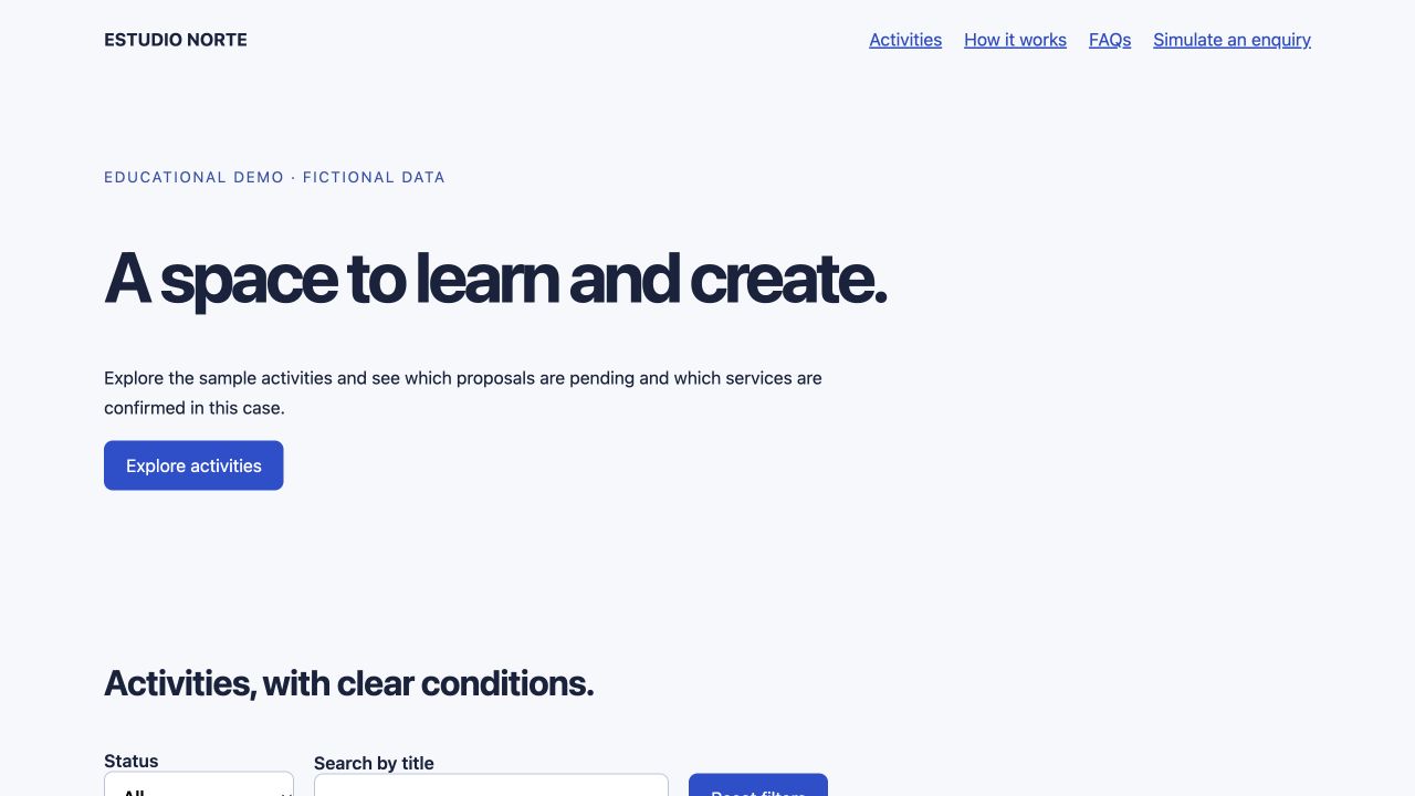 Estudio Norte website: homepage and navigation for a fictional case.