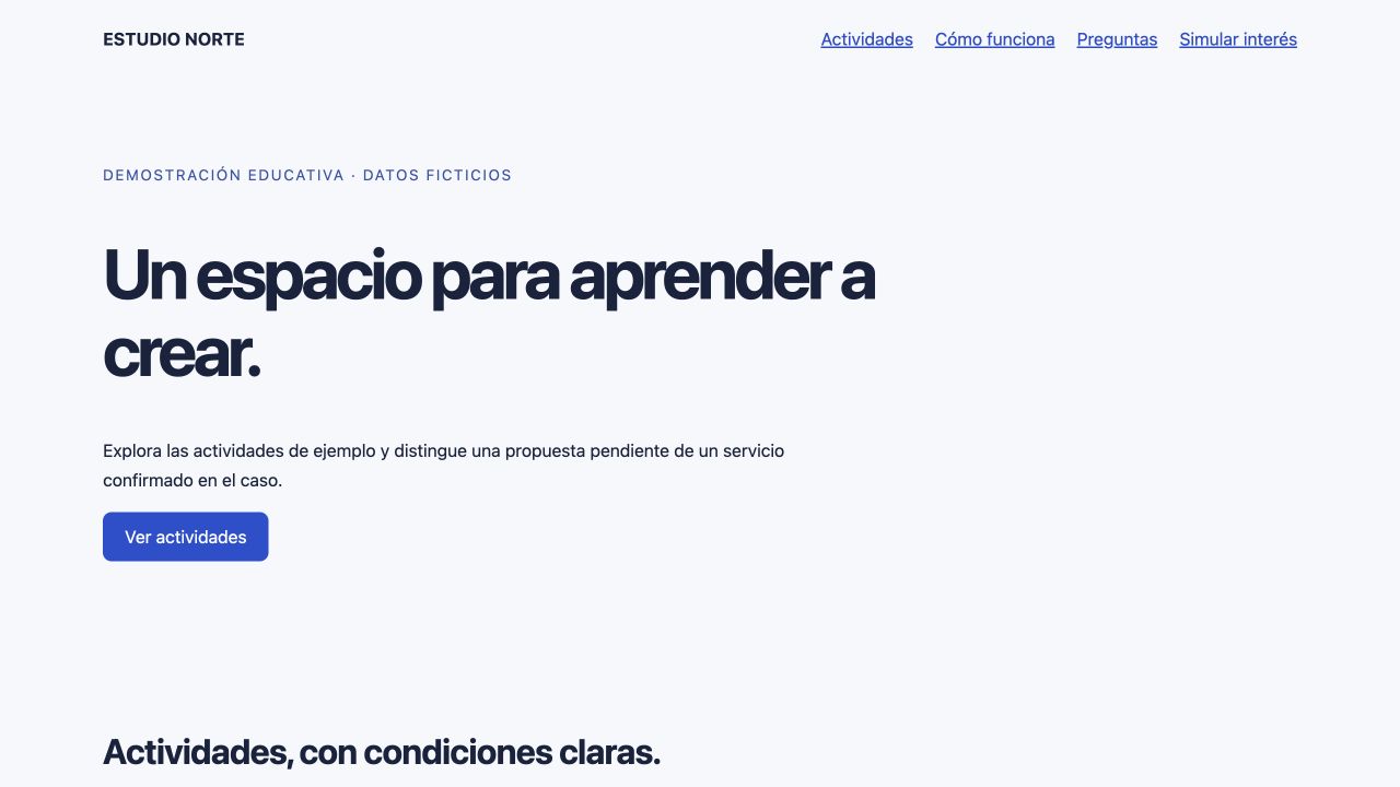 Web de Estudio Norte: portada y navegación del caso ficticio.